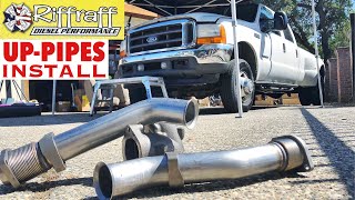 2001 F350 73  RiffRaff UpPipes Install  Stock up pipes leaking and falling apart JUNK SP [upl. by Ttik]