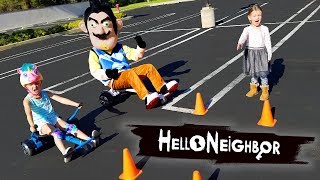 Hello Neighbor in Real Life Game Master Challenge Hoverboard Races [upl. by Llerol]